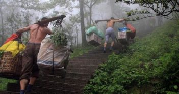49岁男人的泰山挑夫生活 back view of porters going up stairs at mt. tai in china