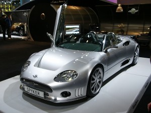 Silver Spyker car in showroom