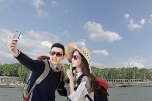 Two Chinese tourists pose for a selfie
