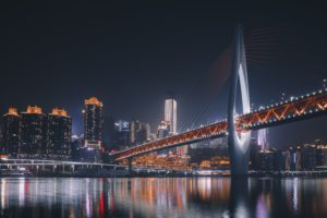 Work in China: view of Chinese city at night with river,bridge and skyscrapers