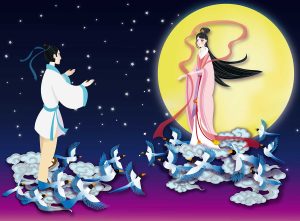Birds against a starry sky are symbolic of Qi Xi Festival, Chinese Valentine’s Day